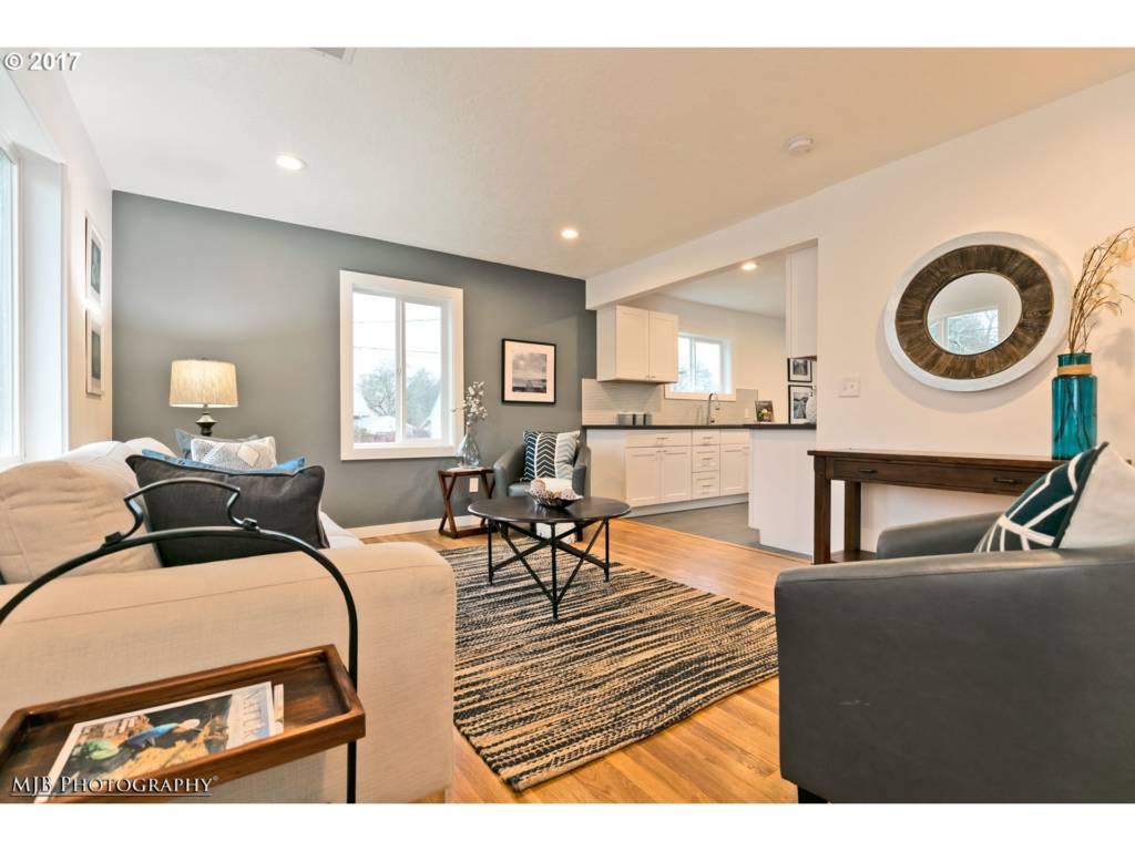 looking into kitchen from living room of newly renovated home in the Reed neighborhood Portland OR